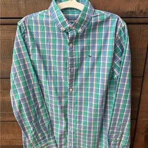 Vineyard Vines Men's Green and Blue Plaid Shirt